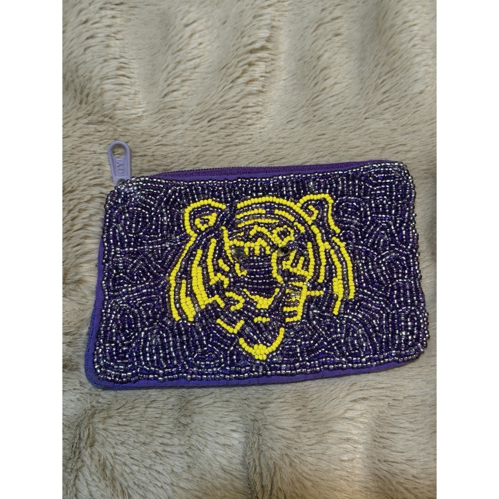 LSU Tigers Beaded Coin Purse Purple Gold Tiger Face Zip Pouch Game Day READ